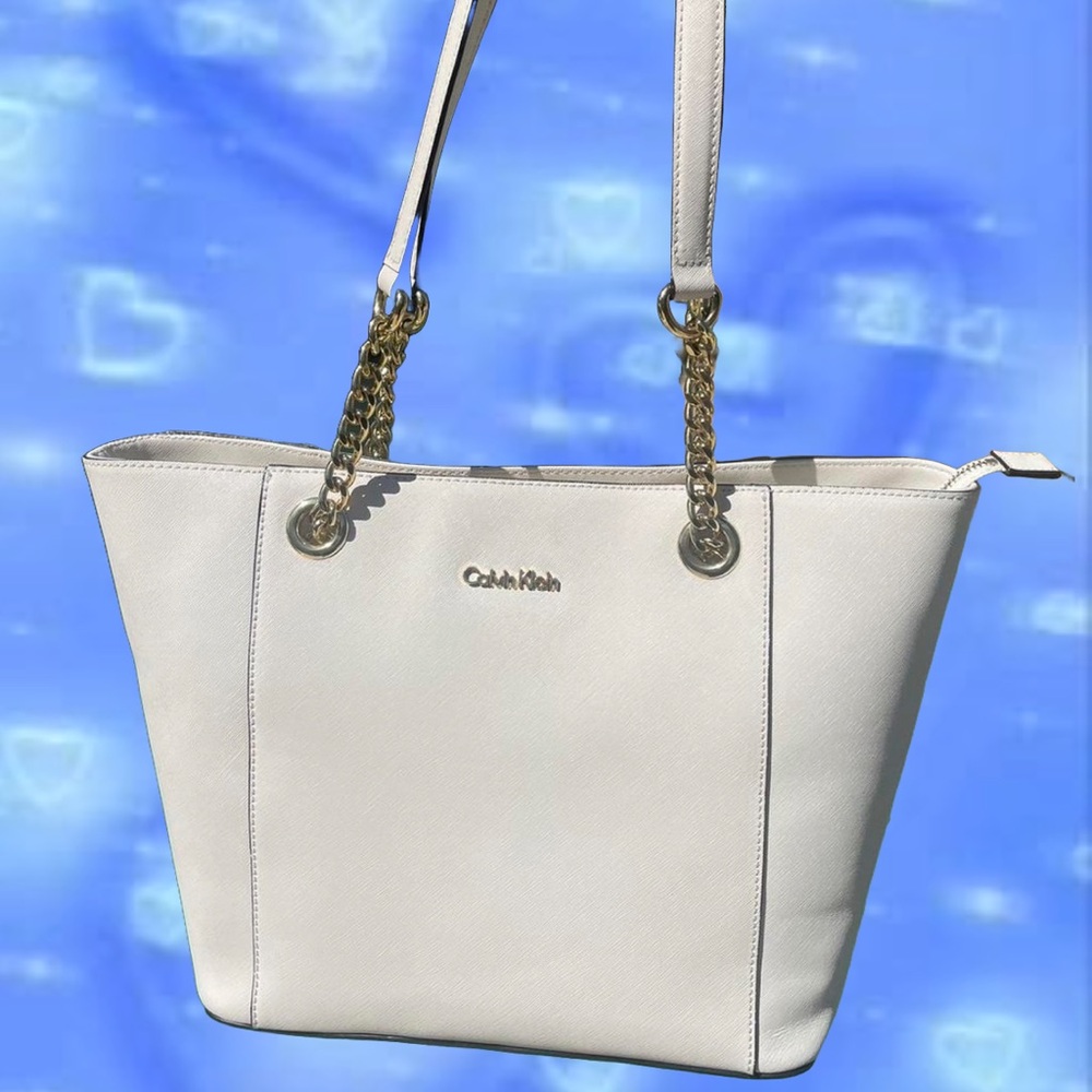 Calvin Klein White Tote Bag with Gold Chain Handles